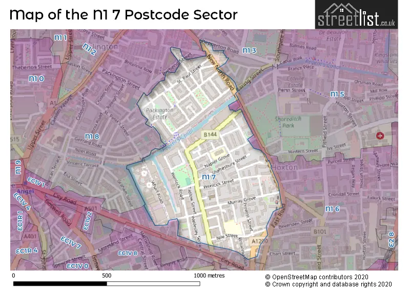Map of the N1 7 and surrounding postcode sector