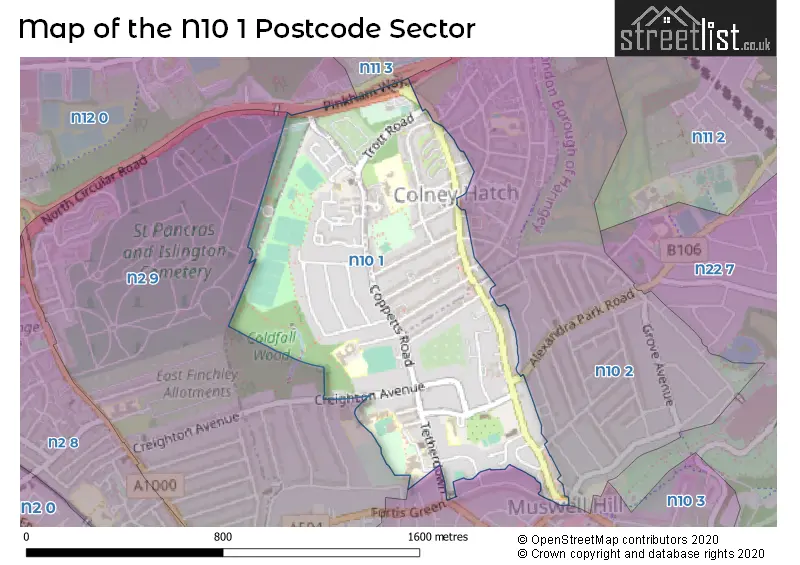 Map of the N10 1 and surrounding postcode sector