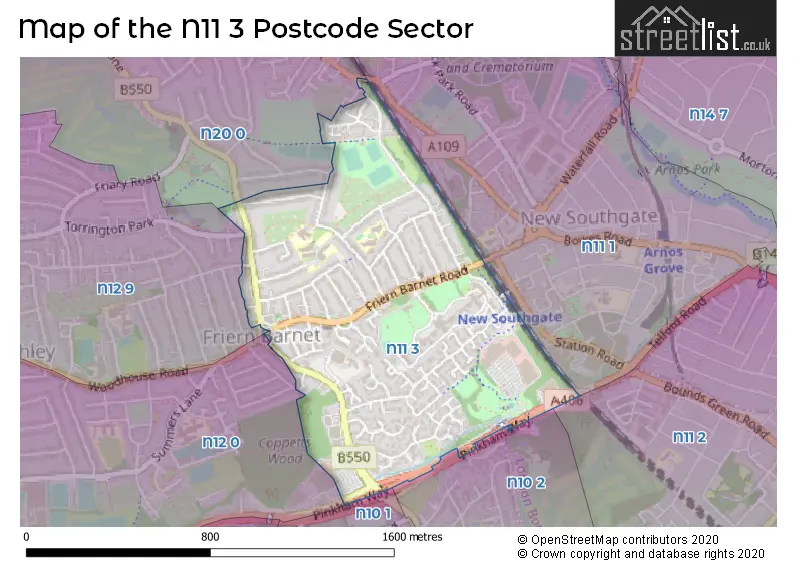 Map of the N11 3 and surrounding postcode sector