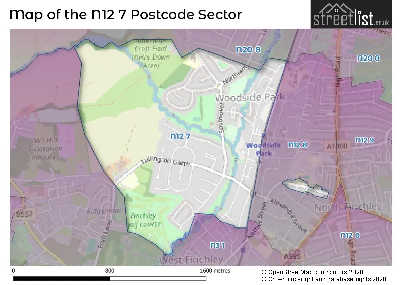 Map of the N12 7 and surrounding postcode sector