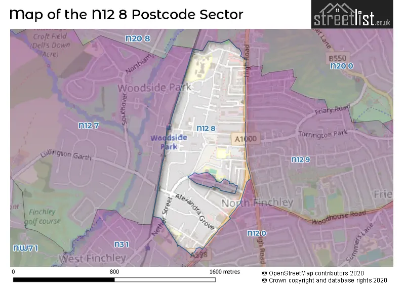 Map of the N12 8 and surrounding postcode sector