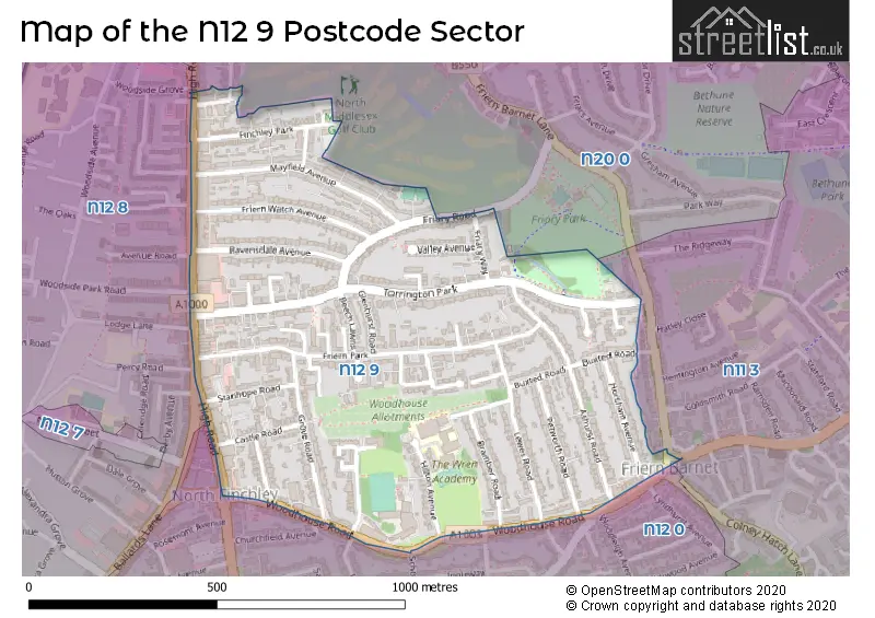 Map of the N12 9 and surrounding postcode sector