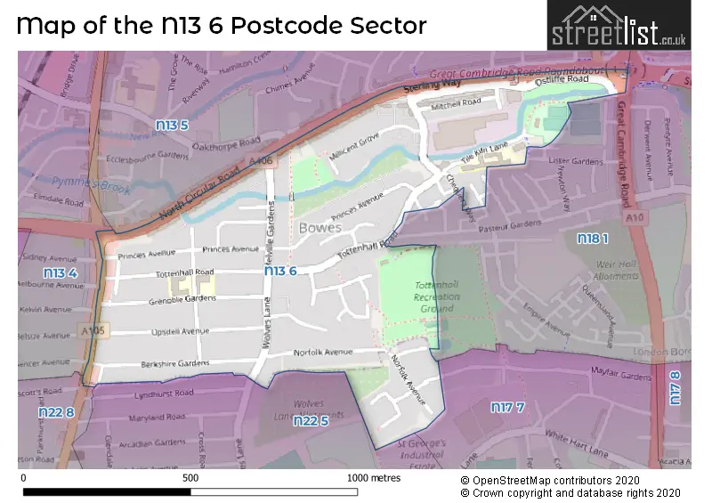 Map of the N13 6 and surrounding postcode sector