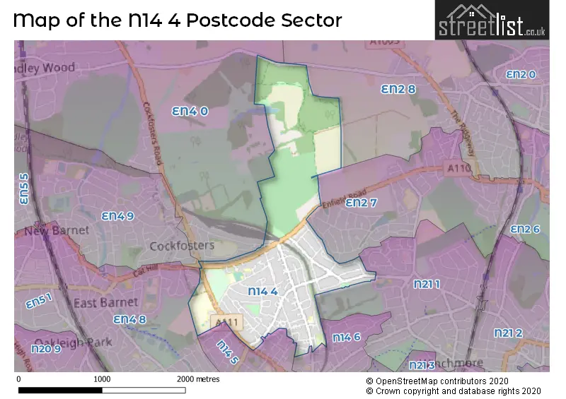 Map of the N14 4 and surrounding postcode sector
