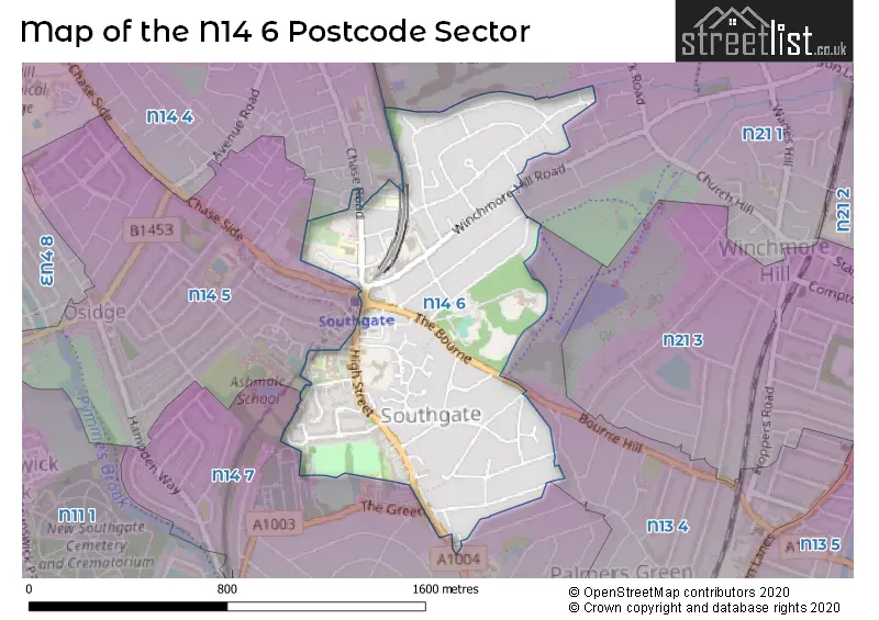 Map of the N14 6 and surrounding postcode sector