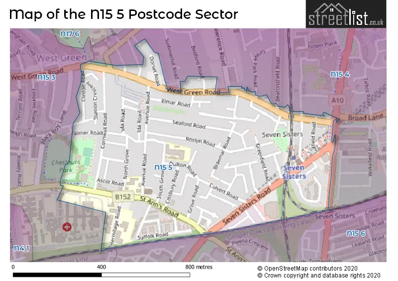 Map of the N15 5 and surrounding postcode sector