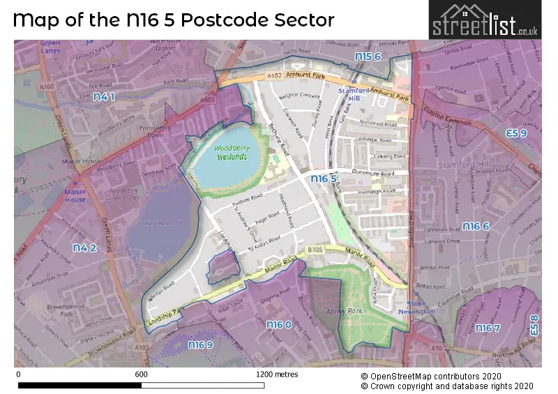 Map of the N16 5 and surrounding postcode sector