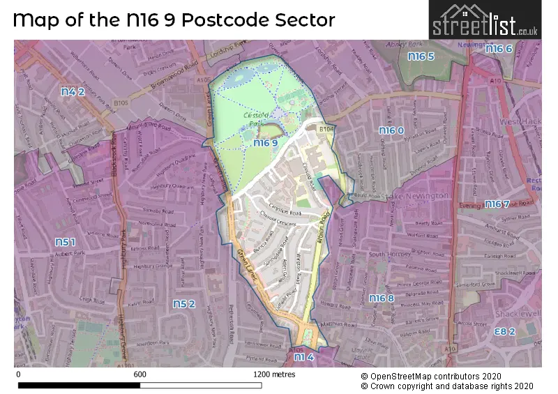 Map of the N16 9 and surrounding postcode sector