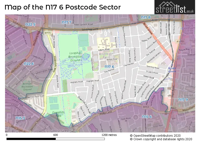 Map of the N17 6 and surrounding postcode sector