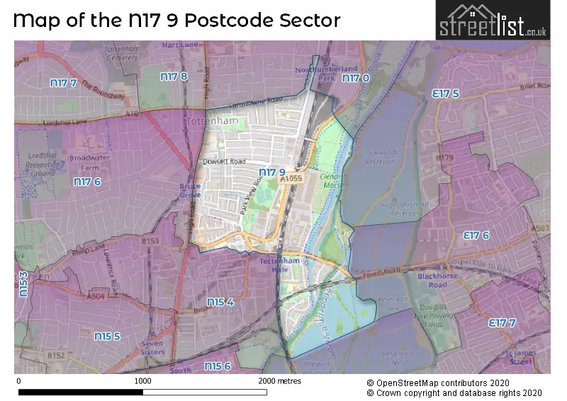 Map of the N17 9 and surrounding postcode sector