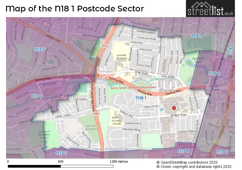 Map of the N18 1 and surrounding postcode sector
