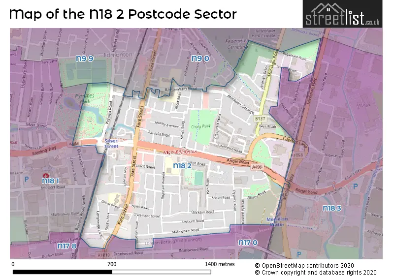 Map of the N18 2 and surrounding postcode sector