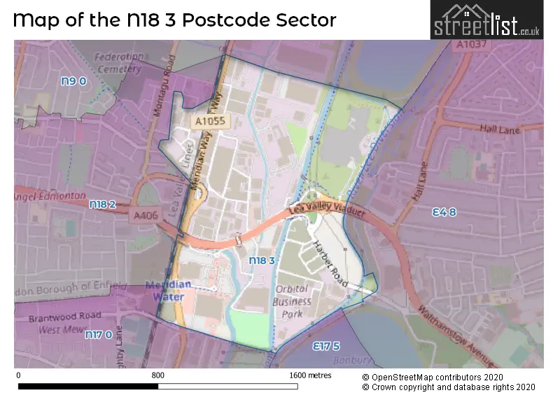 Map of the N18 3 and surrounding postcode sector