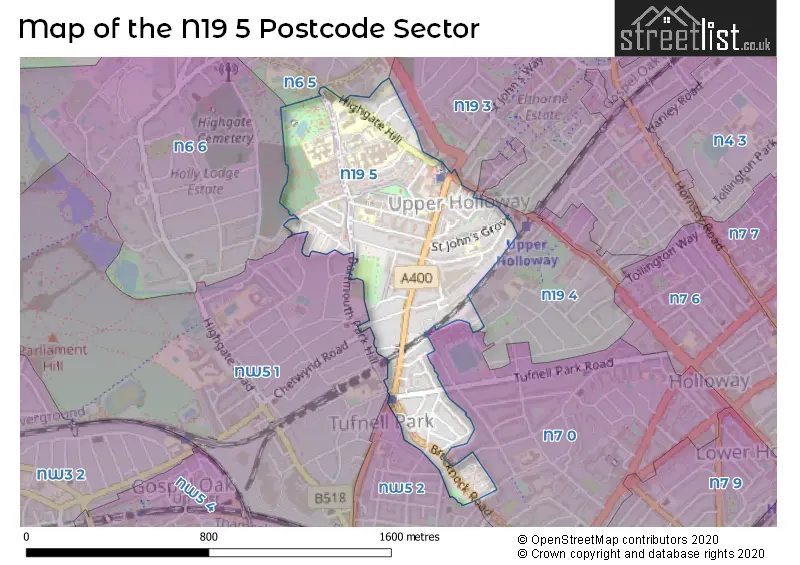Map of the N19 5 and surrounding postcode sector