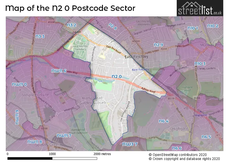 Map of the N2 0 and surrounding postcode sector