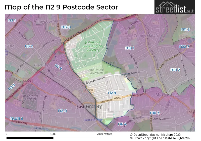 Map of the N2 9 and surrounding postcode sector