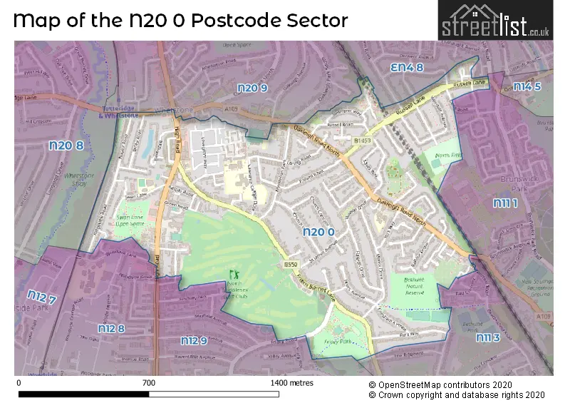 Map of the N20 0 and surrounding postcode sector