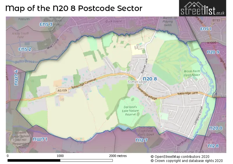 Map of the N20 8 and surrounding postcode sector
