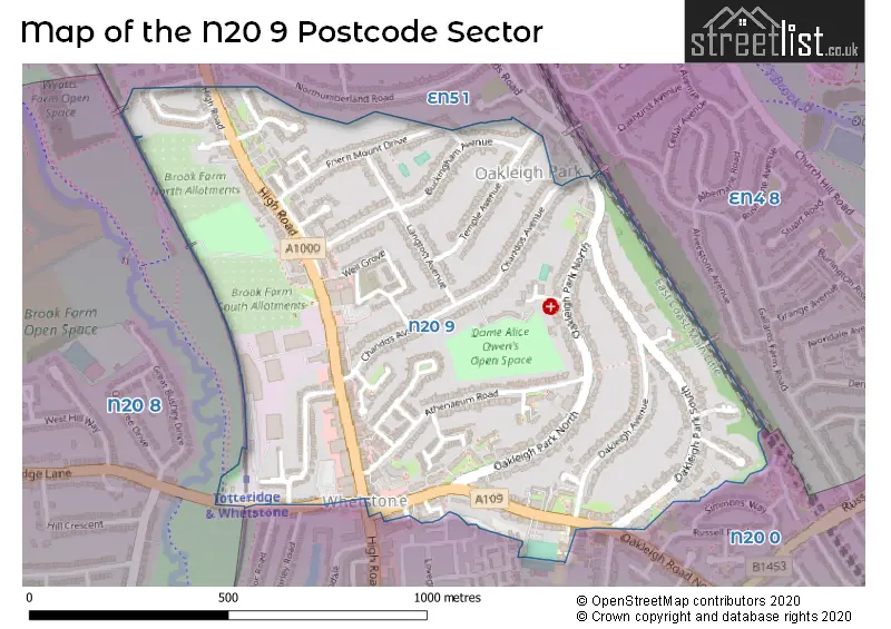 Map of the N20 9 and surrounding postcode sector
