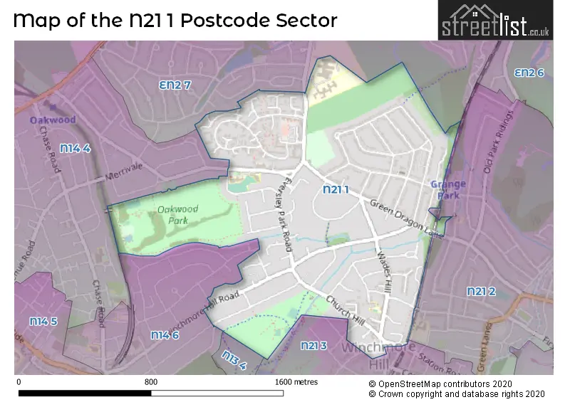 Map of the N21 1 and surrounding postcode sector