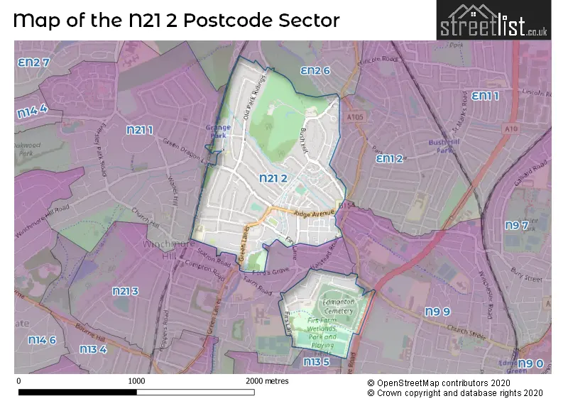 Map of the N21 2 and surrounding postcode sector