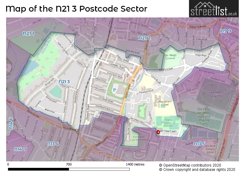 Map of the N21 3 and surrounding postcode sector
