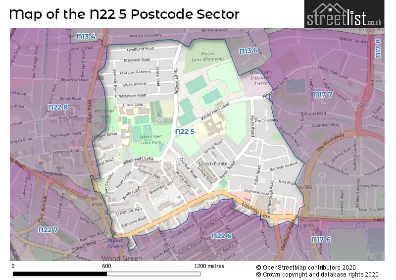 Map of the N22 5 and surrounding postcode sector