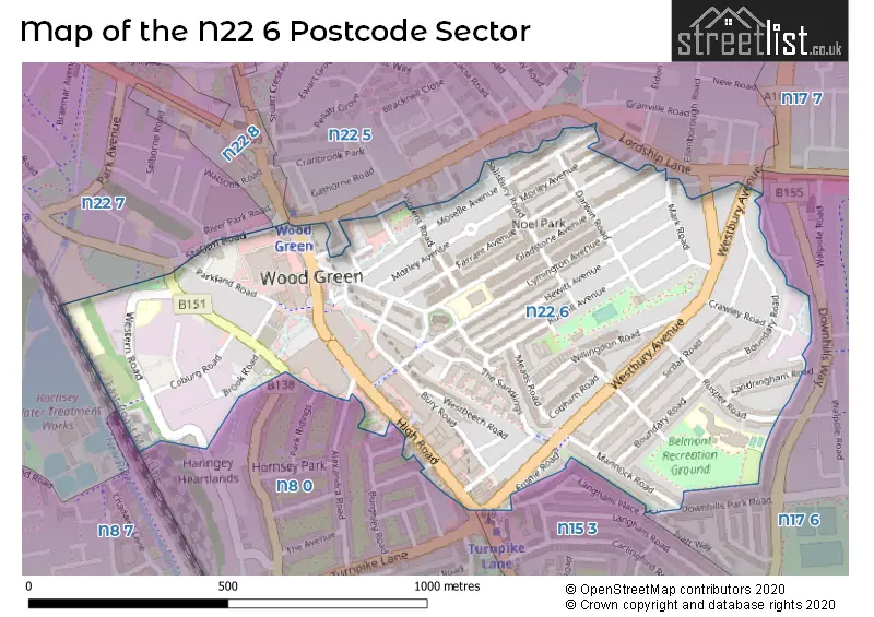 Map of the N22 6 and surrounding postcode sector