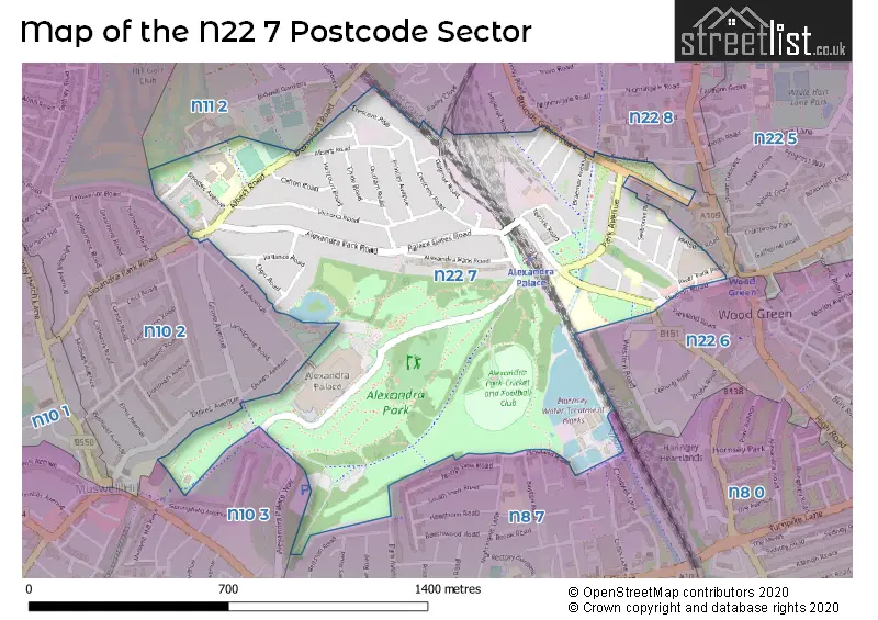 Map of the N22 7 and surrounding postcode sector
