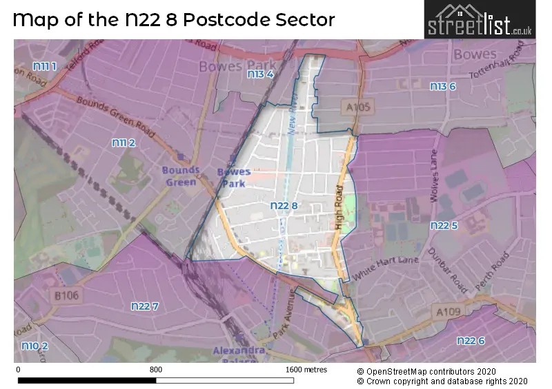 Map of the N22 8 and surrounding postcode sector
