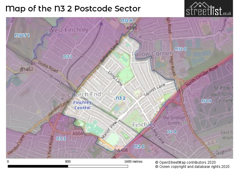 Map of the N3 2 and surrounding postcode sector