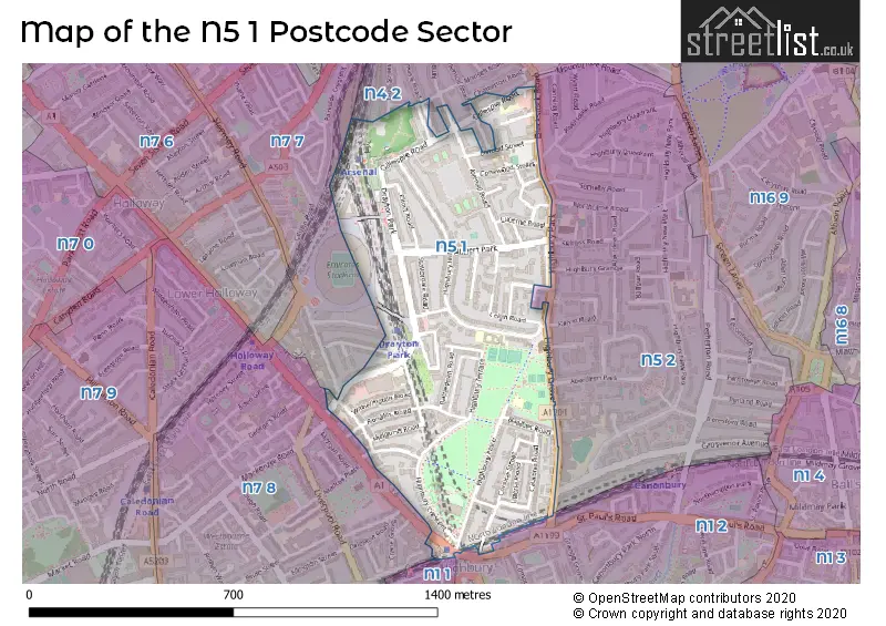 Map of the N5 1 and surrounding postcode sector