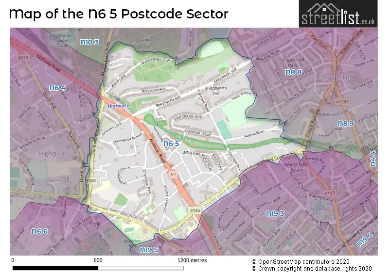 Map of the N6 5 and surrounding postcode sector