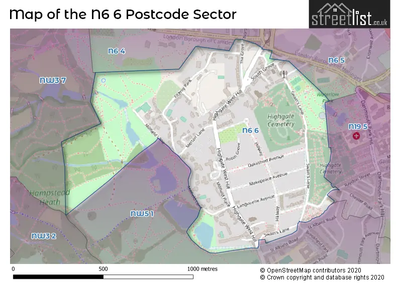 Map of the N6 6 and surrounding postcode sector
