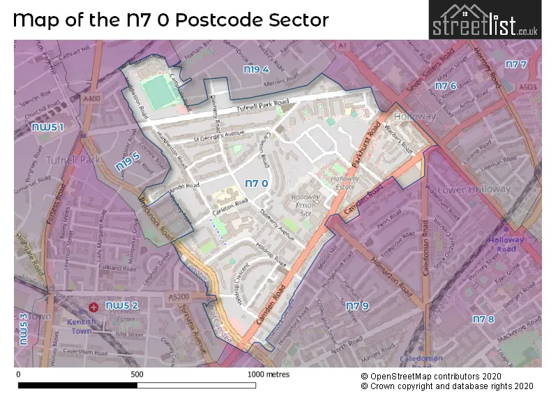 Map of the N7 0 and surrounding postcode sector