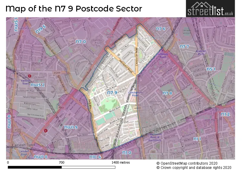 Map of the N7 9 and surrounding postcode sector