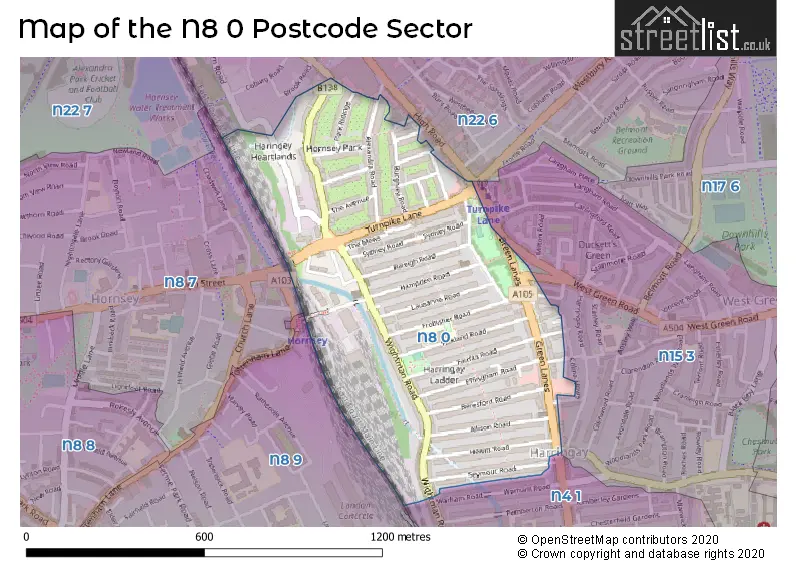 Map of the N8 0 and surrounding postcode sector