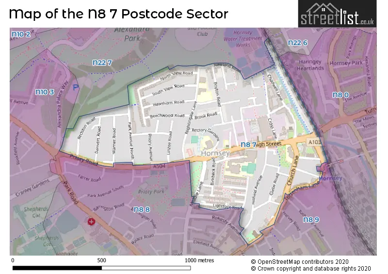 Map of the N8 7 and surrounding postcode sector