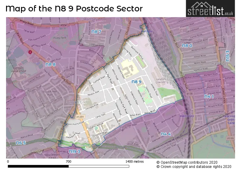 Map of the N8 9 and surrounding postcode sector