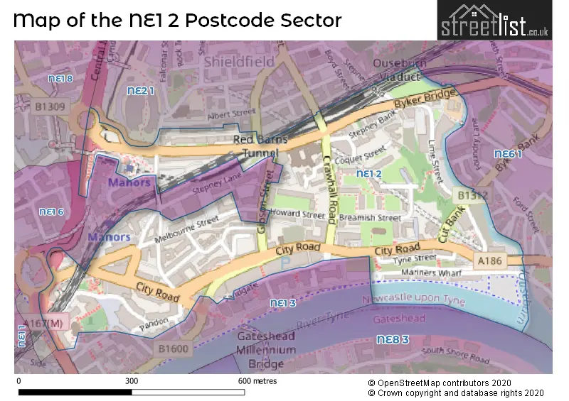 Map of the NE1 2 and surrounding postcode sector