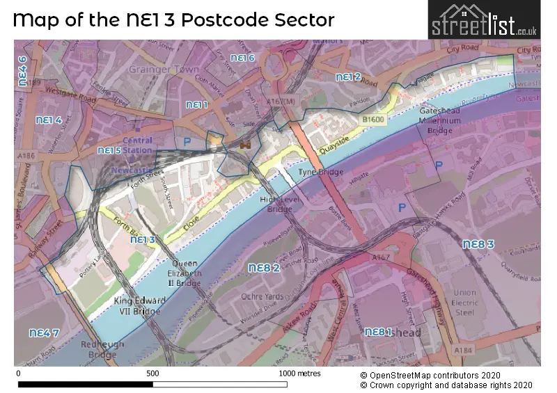Map of the NE1 3 and surrounding postcode sector