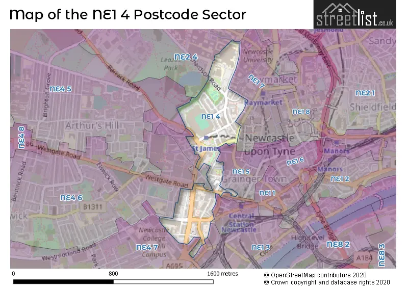 Map of the NE1 4 and surrounding postcode sector