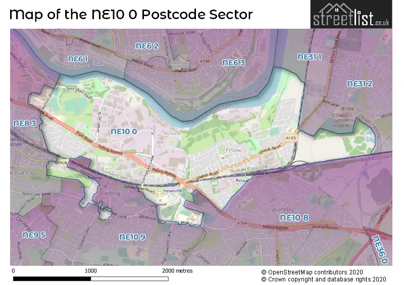 Map of the NE10 0 and surrounding postcode sector