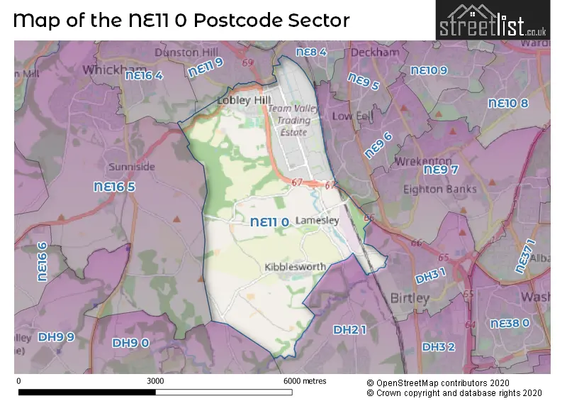 Map of the NE11 0 and surrounding postcode sector