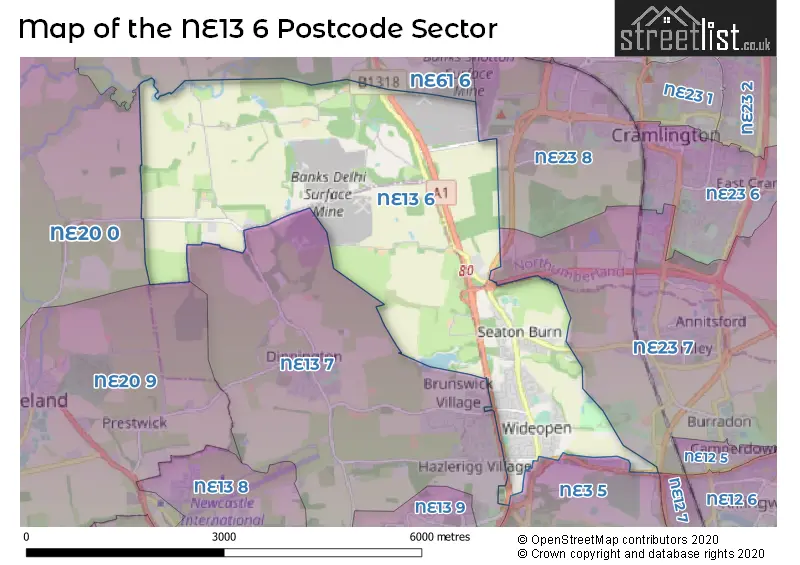 Map of the NE13 6 and surrounding postcode sector