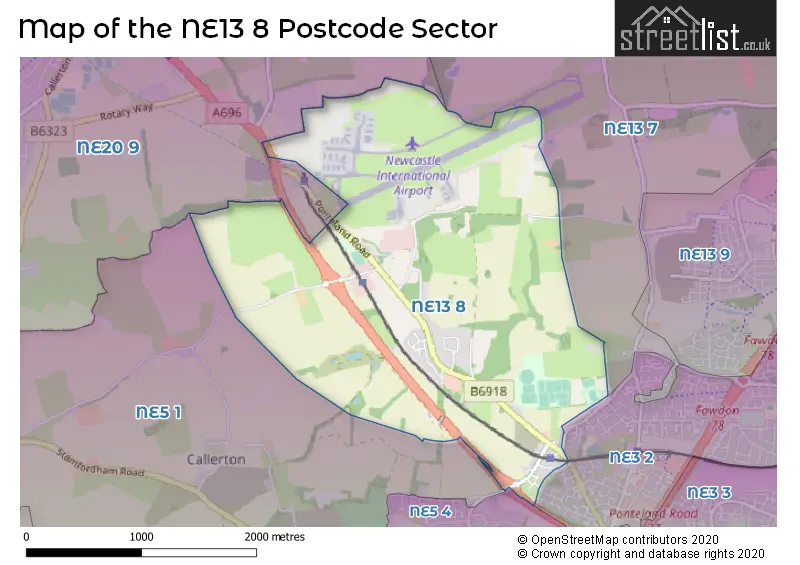 Map of the NE13 8 and surrounding postcode sector