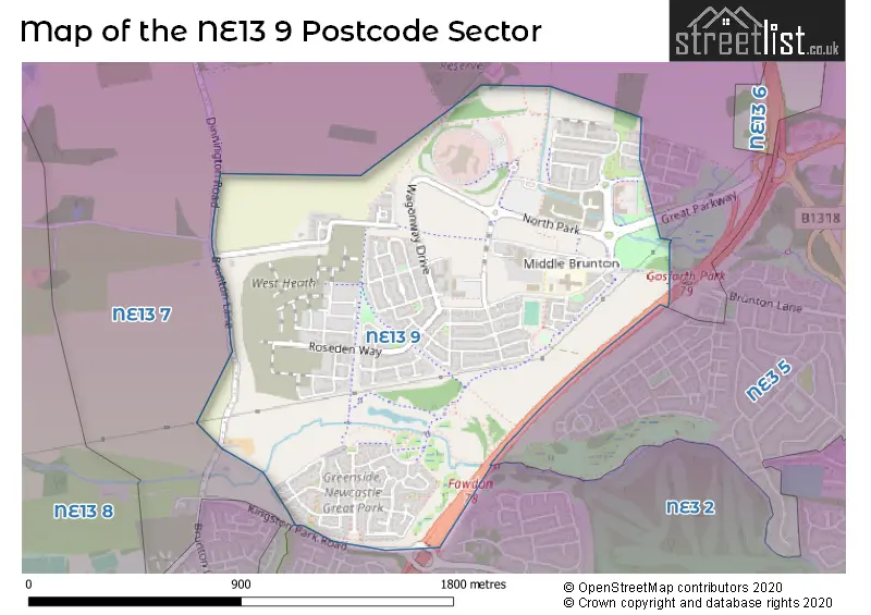 Map of the NE13 9 and surrounding postcode sector