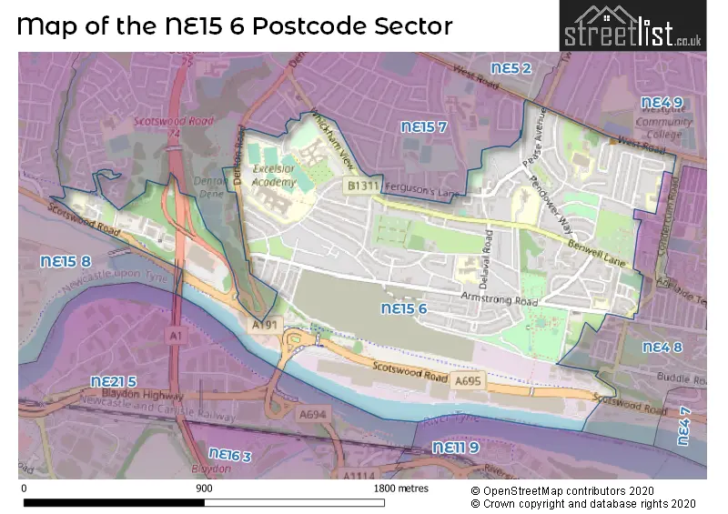 Map of the NE15 6 and surrounding postcode sector