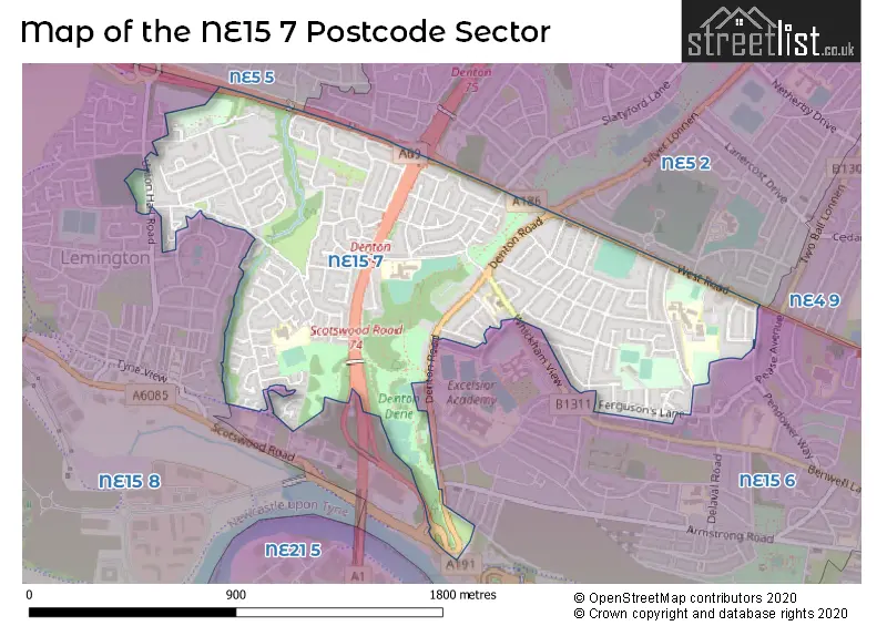 Map of the NE15 7 and surrounding postcode sector
