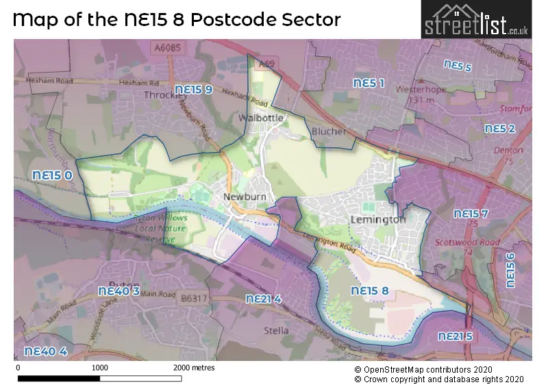Map of the NE15 8 and surrounding postcode sector